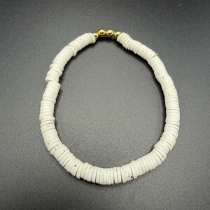 White Heishi Puka Shell Stretch Bracelet Gold Beads Hawaiian Beach